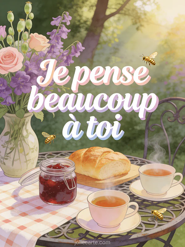 Table de jardin en fer forgé avec confiture maison pain frais et pois de senteur roses dans un vase champêtre avec tasses de thé et le texte Je pense beaucoup à toi
