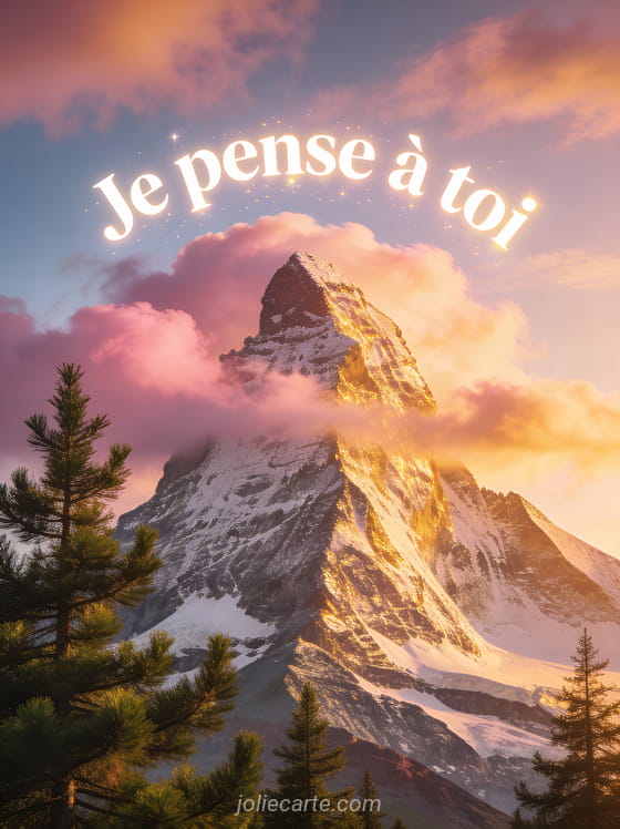 Sommet de montagne au lever du soleil avec nuages roses et dorés et pins au premier plan dans une vue panoramique majestueuse et le texte Je pense à toi