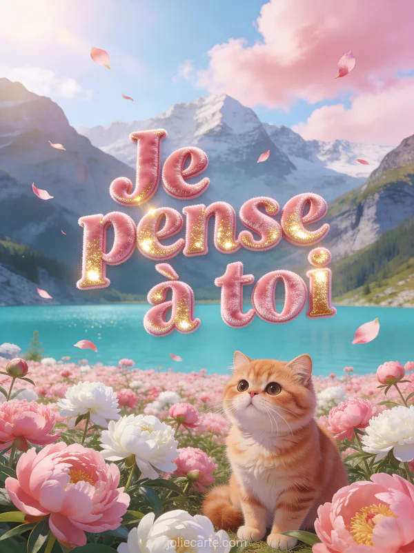 Champ de pivoines roses et blanches face à un lac alpin turquoise avec chat exotic shorthair roux parmi les pivoines et montagnes en arrière-plan et le texte Je pense à toi