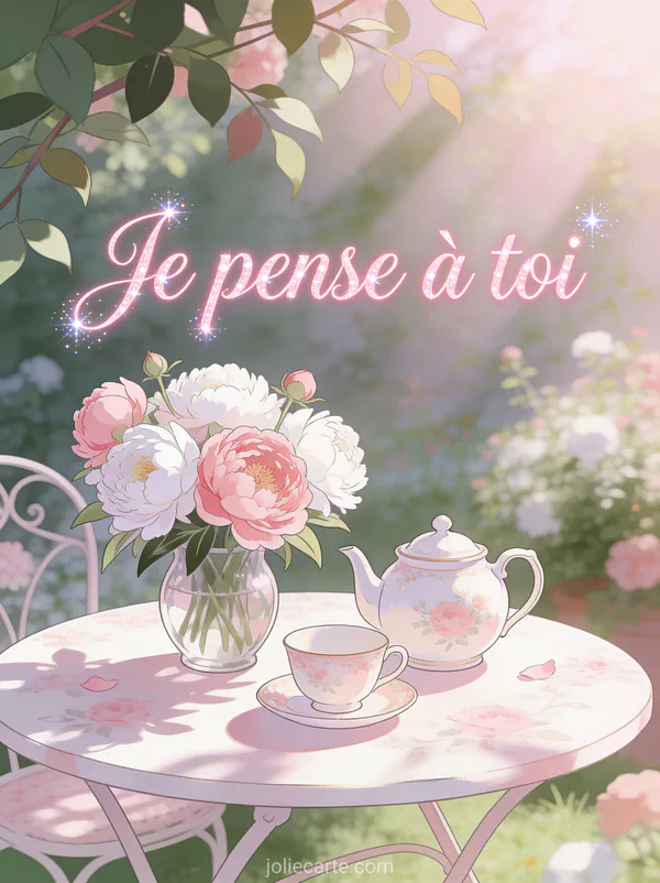 Table de jardin avec vase de pivoines roses et blanches et théière en porcelaine dans la lumière du matin à travers les feuilles et le texte Je pense à toi