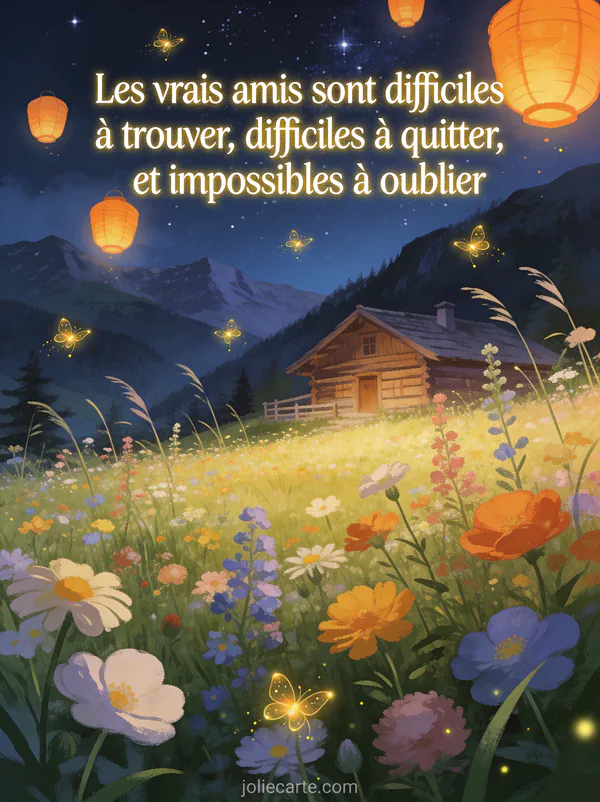 Prairie alpine fleurie avec chalet en bois et lanternes lumineuses flottant dans un ciel étoilé avec montagnes en arrière-plan et le texte citation amitié