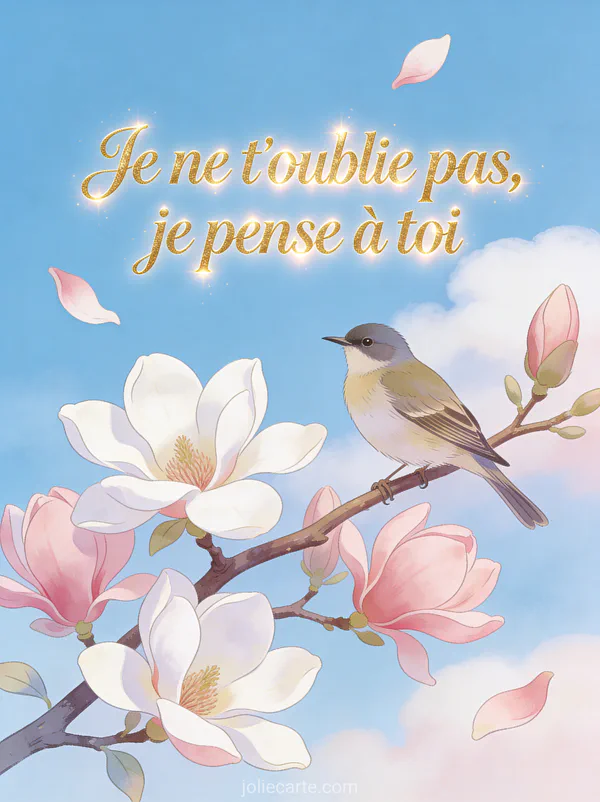 Petit oiseau perché sur une branche fleurie de magnolia avec fond de ciel bleu doux et pétales flottant dans l'air et le texte Je ne t'oublie pas je pense à toi