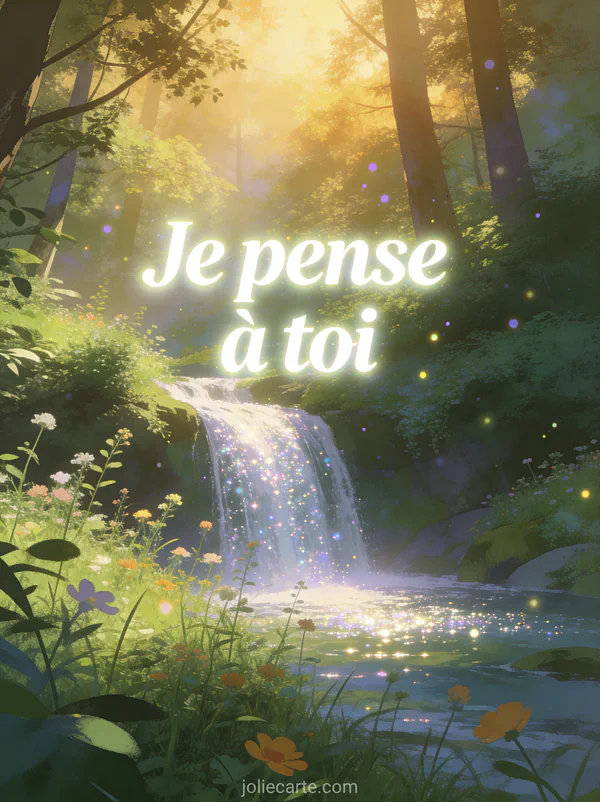 Cascade scintillante dans une forêt luxuriante avec rayons de soleil dorés filtrant à travers la canopée et particules lumineuses et le texte Je pense à toi