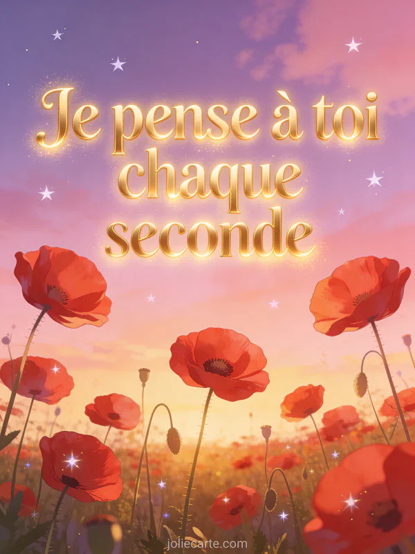 Ciel crépusculaire rose et violet au-dessus d'un champ de coquelicots avec étoiles naissantes et lumière dorée et le texte Je pense à toi chaque seconde