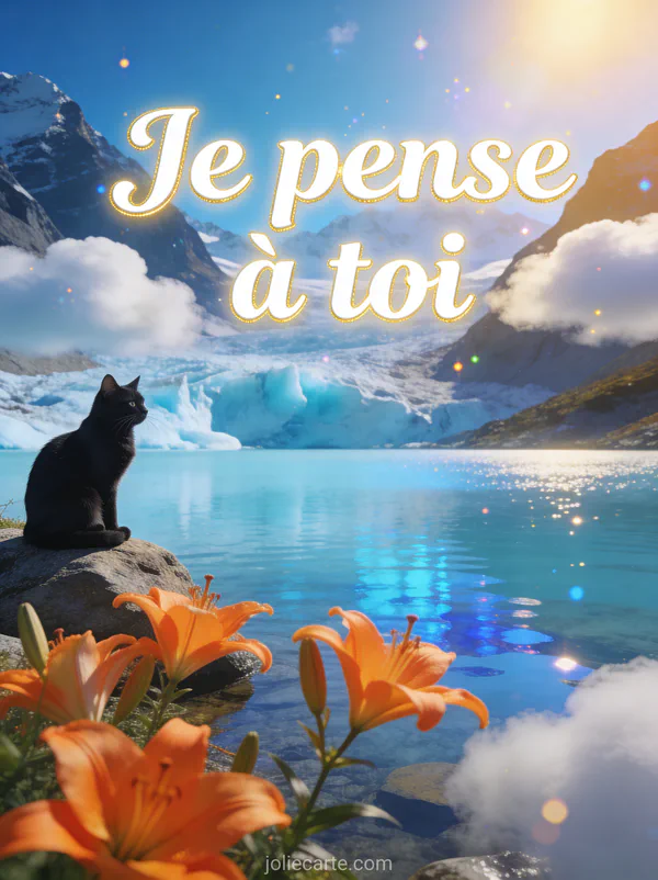 Lac glaciaire bleu sous ciel lumineux avec chat noir sur un rocher et lys oranges au premier plan avec montagnes majestueuses et le texte Je pense à toi