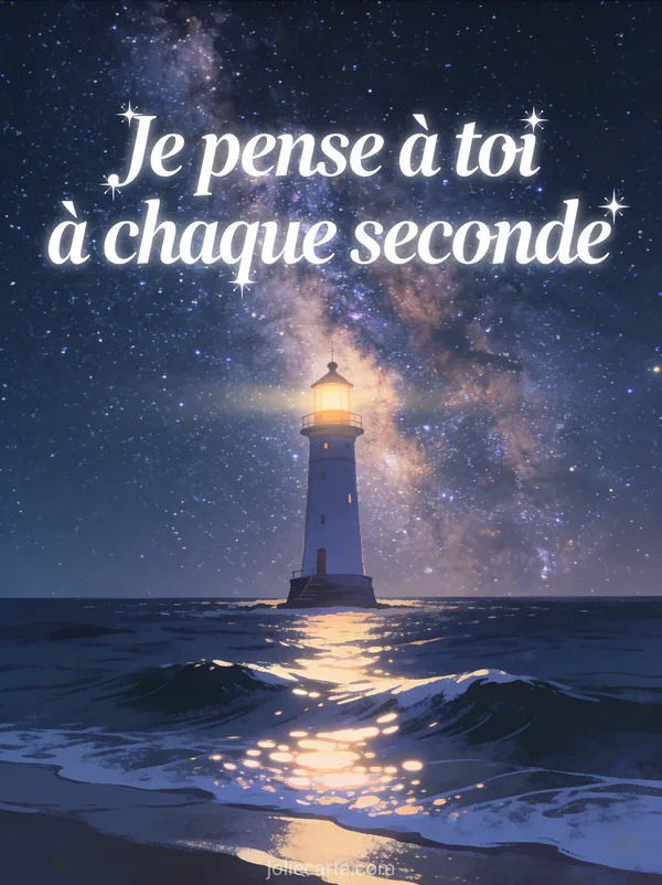 Nuit étoilée avec voie lactée spectaculaire au-dessus d'un phare illuminé au bord de la mer avec vagues douces et reflets de lumière et le texte Je pense à toi à chaque seconde