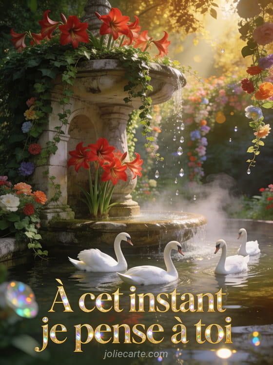Fontaine ancienne en pierre couverte de lierre et d'amaryllis rouges avec famille de cygnes blancs glissant sur l'eau et le texte À cet instant je pense à toi