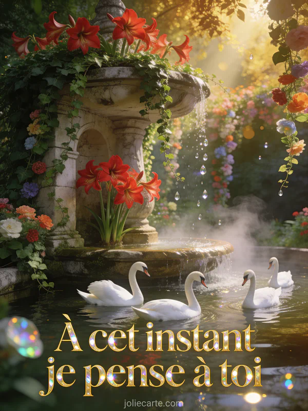 Fontaine ancienne en pierre couverte de lierre et d'amaryllis rouges avec famille de cygnes blancs glissant sur l'eau et le texte À cet instant je pense à toi