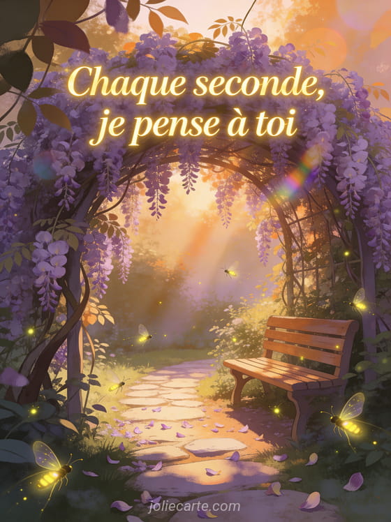 Jardin secret avec arche fleurie de glycine mauve et petit chemin de pierres menant à un banc avec lucioles scintillantes et lumière tamisée et le texte Chaque seconde je pense à toi