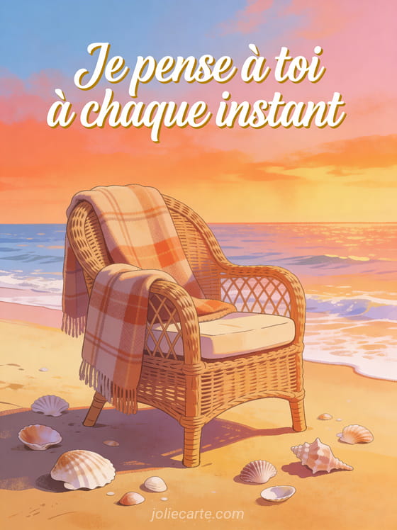 Paysage de bord de mer au soleil couchant avec sable doré vagues douces coquillages et fauteuil en osier avec plaid et le texte Je pense à toi à chaque instant