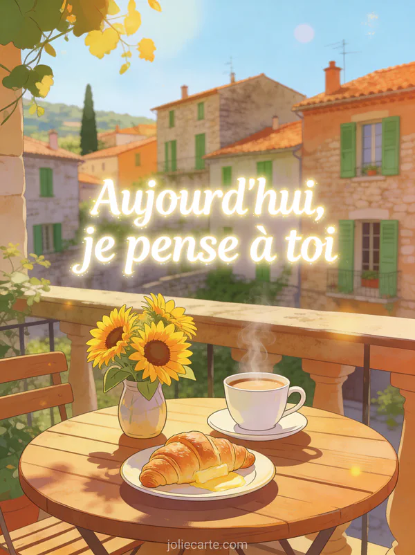 Terrasse ensoleillée avec table ronde café croissant et bouquet de tournesols avec vue sur un village provençal sous ciel bleu et le texte Aujourd'hui je pense à toi