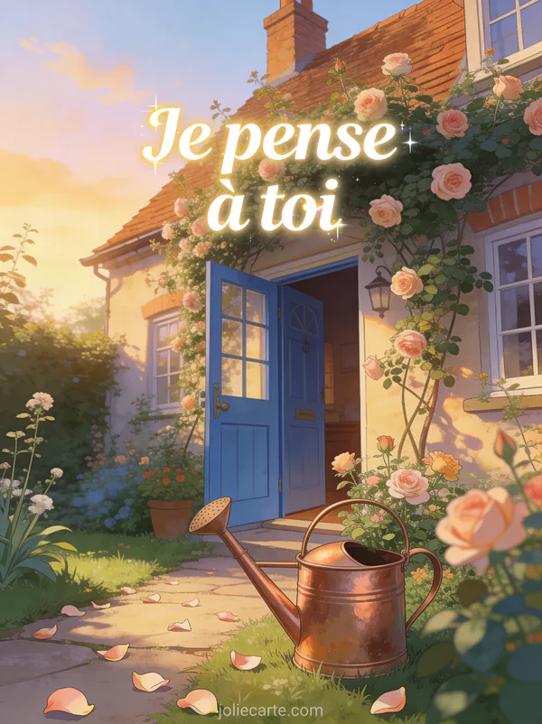 Cottage anglais couvert de roses grimpantes avec porte bleue ouverte et petit jardin fleuri avec arrosoir en cuivre dans la lumière chaude et le texte Je pense à toi