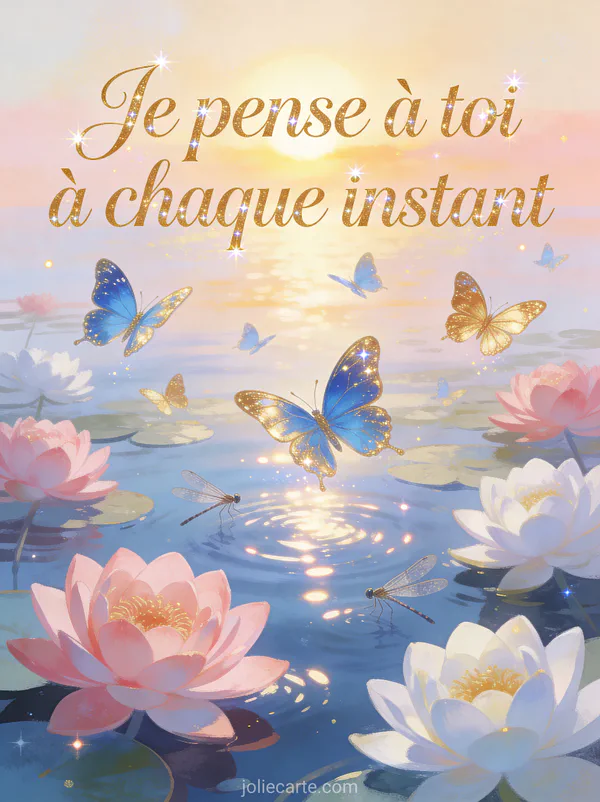 Ballet de papillons bleus et dorés au-dessus d'un étang de nénuphars roses et blancs avec libellules dans la lumière du soleil couchant et le texte Je pense à toi à chaque instant