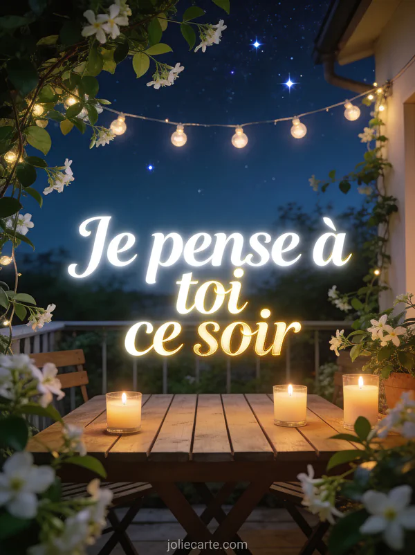 Terrasse d'été la nuit avec guirlandes lumineuses bougies allumées sur une table sous un ciel étoilé avec jasmin grimpant et le texte Je pense à toi ce soir
