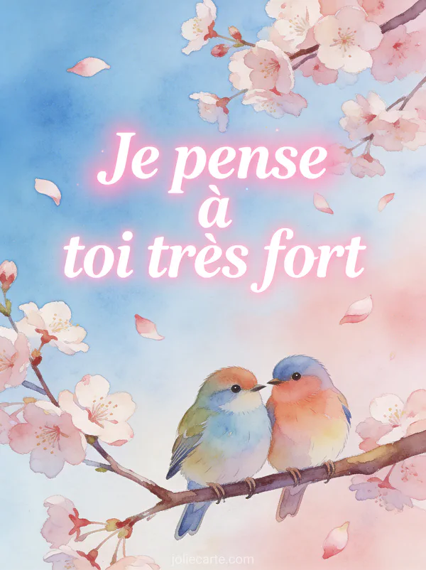 Deux petits oiseaux colorés perchés ensemble sur une branche de cerisier en fleurs avec pétales volant au vent et ciel bleu et rose et le texte Je pense à toi très fort
