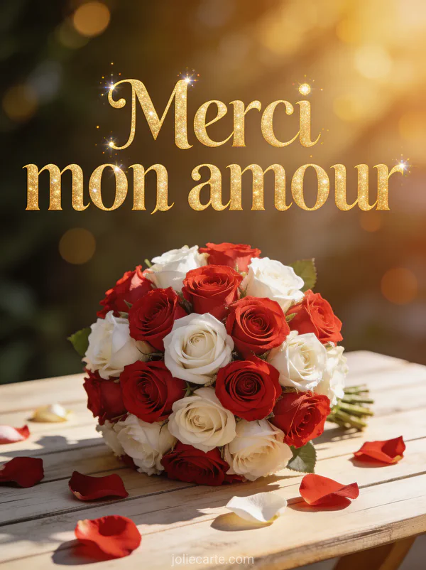 Grand bouquet de roses rouges et blanches sur table en bois avec le texte Merci mon amour en lettres dorées