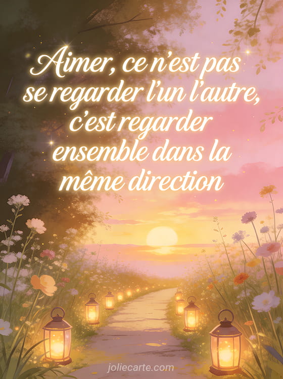 Chemin bordé de lanternes lumineuses menant vers un coucher de soleil rose et doré avec le texte sur l'amour