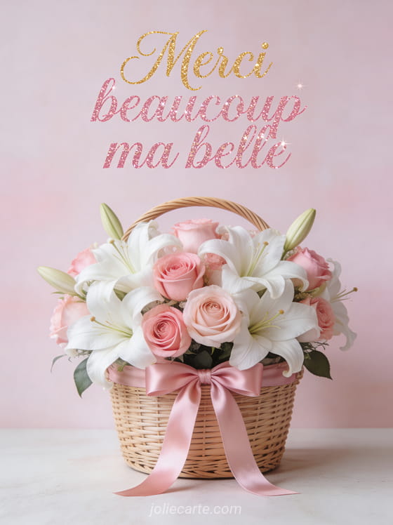 Bouquet luxueux de lys blancs et roses roses dans un panier en osier avec ruban de satin rose et lettrage calligraphique