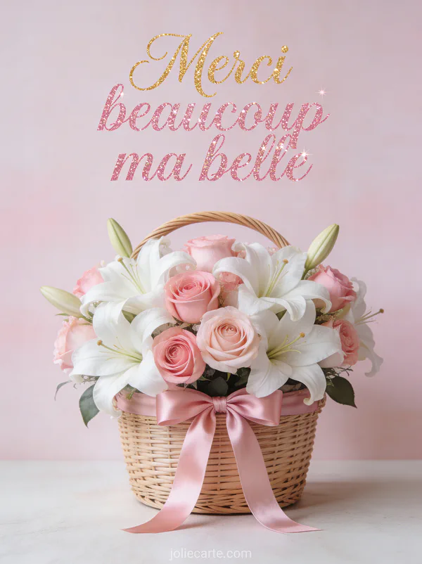 Bouquet luxueux de lys blancs et roses roses dans un panier en osier avec ruban de satin rose et lettrage calligraphique