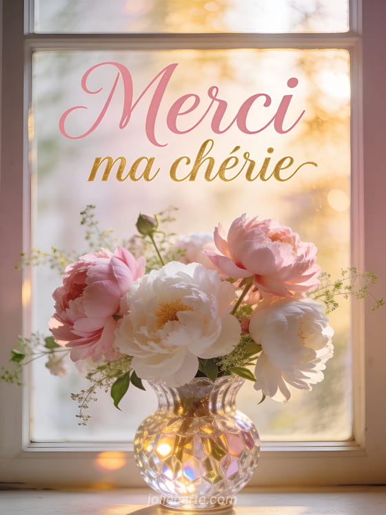 Composition florale de pivoines roses et blanches dans un vase en cristal avec le texte Merci ma chérie en lettres roses et dorées
