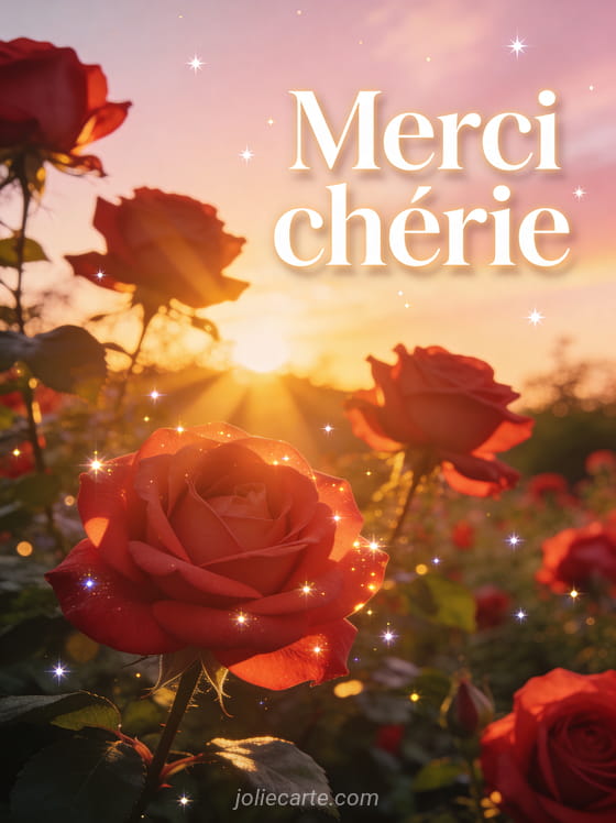 Jardin fleuri de roses rouges au coucher du soleil avec étoiles scintillantes et le texte Merci chérie en lettres blanches