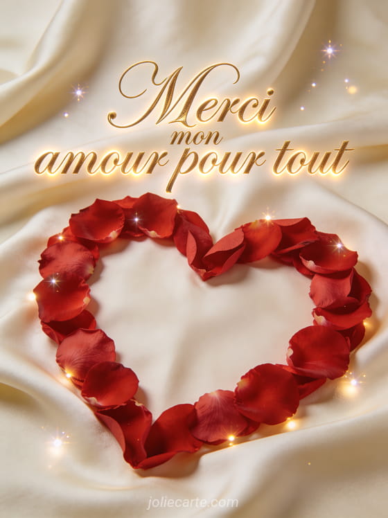 Grand coeur rouge en pétales de roses sur fond de soie crème avec lumières scintillantes et le texte Merci mon amour pour tout