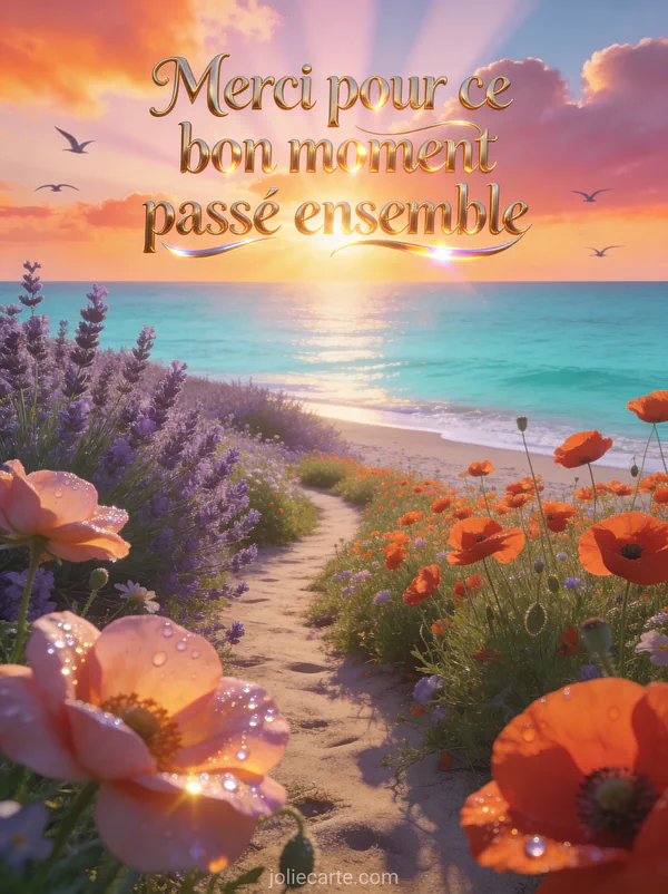 Champ de lavandes et coquelicots au bord d'une mer turquoise avec un lever de soleil spectaculaire et un ciel orangé rosé
