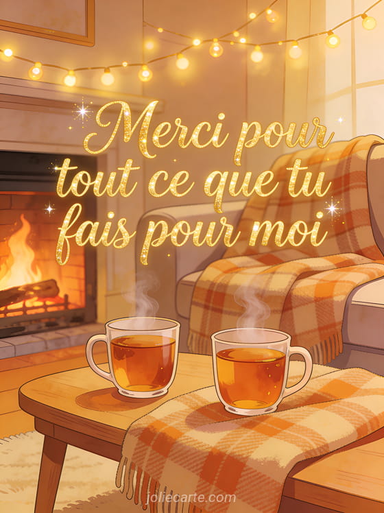 Scène cosy avec plaid sur canapé, deux tasses de thé fumant et feu de cheminée avec guirlande lumineuse