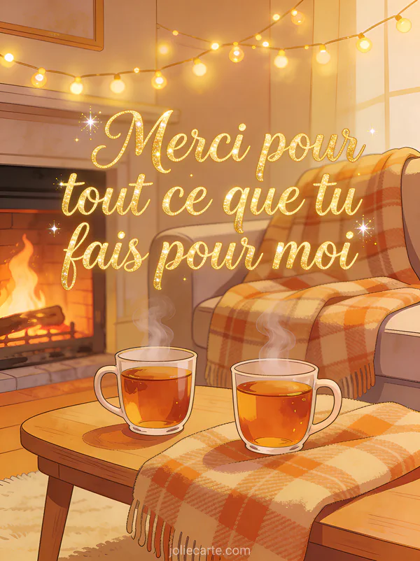 Scène cosy avec plaid sur canapé, deux tasses de thé fumant et feu de cheminée avec guirlande lumineuse