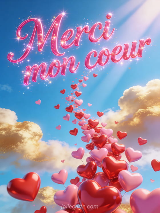 Cascade de coeurs rouges et roses en 3D flottant dans un ciel bleu avec nuages dorés et le texte Merci mon coeur