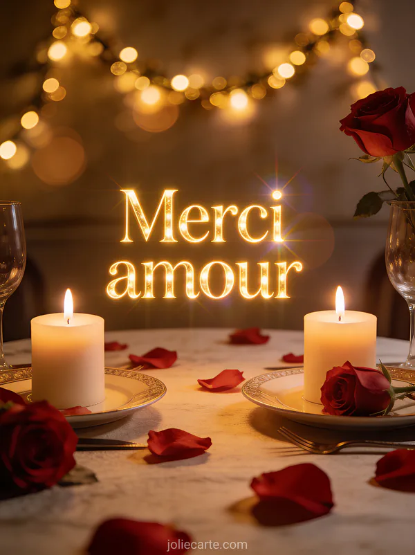 Table romantique dressée pour deux avec bougies allumées et pétales de roses avec le texte Merci amour en lettres dorées