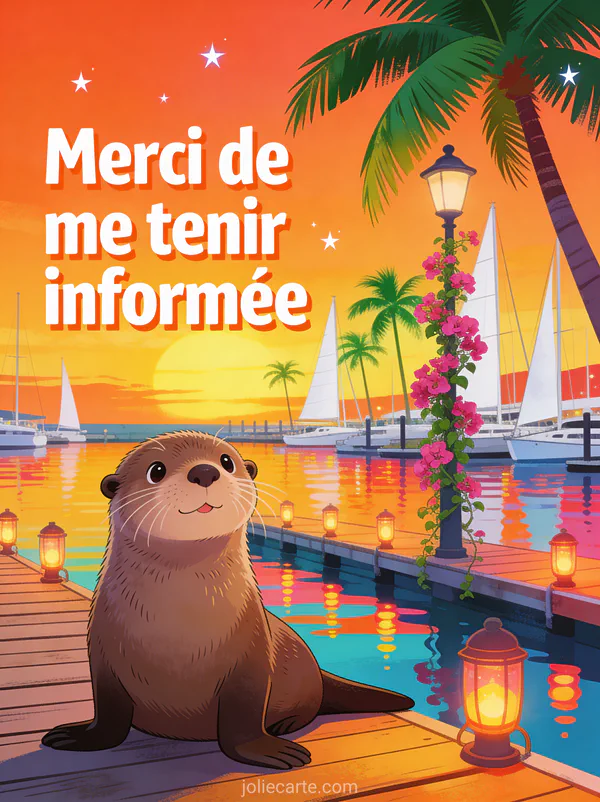 Port de plaisance avec voiliers et palmiers au coucher du soleil, loutre adorable sur un ponton et bougainvilliers fuchsia
