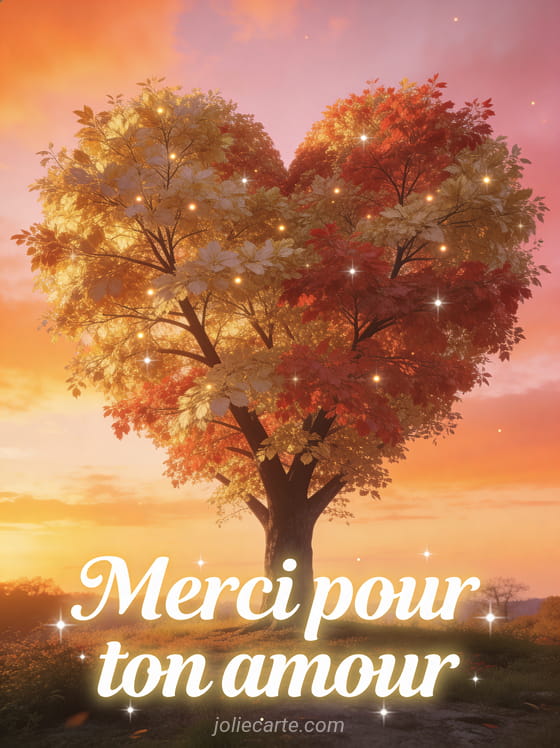 Arbre majestueux en forme de coeur au coucher du soleil avec feuilles dorées et rouges et le texte Merci pour ton amour