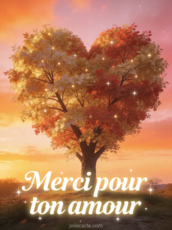 Arbre majestueux en forme de coeur au coucher du soleil avec feuilles dorées et rouges et le texte Merci pour ton amour