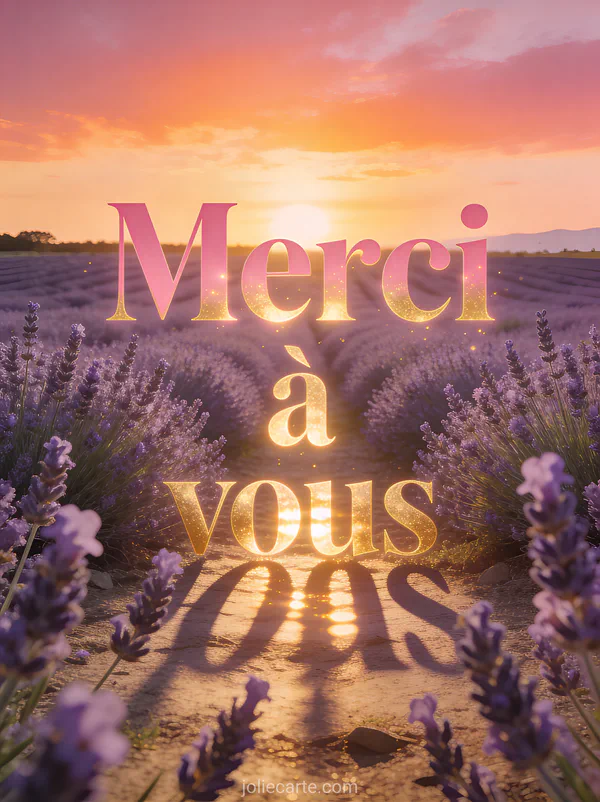 Coucher de soleil sur un champ de lavande en Provence avec ciel orangé rosé et lumière dorée rasante