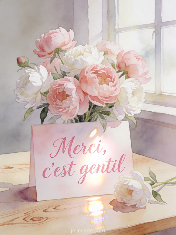 Bouquet de pivoines roses et blanches sur table en bois clair avec lumière naturelle et le texte Merci c'est gentil en aquarelle