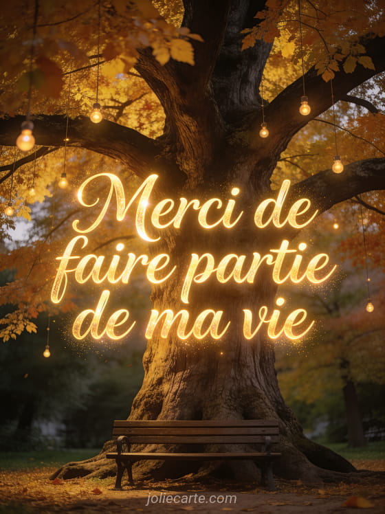 Arbre centenaire aux feuilles dorées avec petites lumières dans les branches et un banc en dessous, lumière d'automne