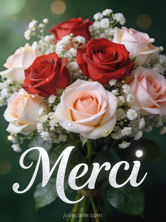 Bouquet de roses rouges et roses avec gypsophiles blanches et gouttes de rosée sur fond vert foncé avec bokeh