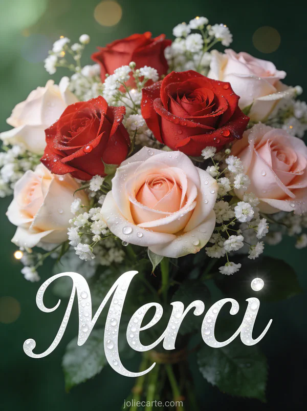 Bouquet de roses rouges et roses avec gypsophiles blanches et gouttes de rosée sur fond vert foncé avec bokeh