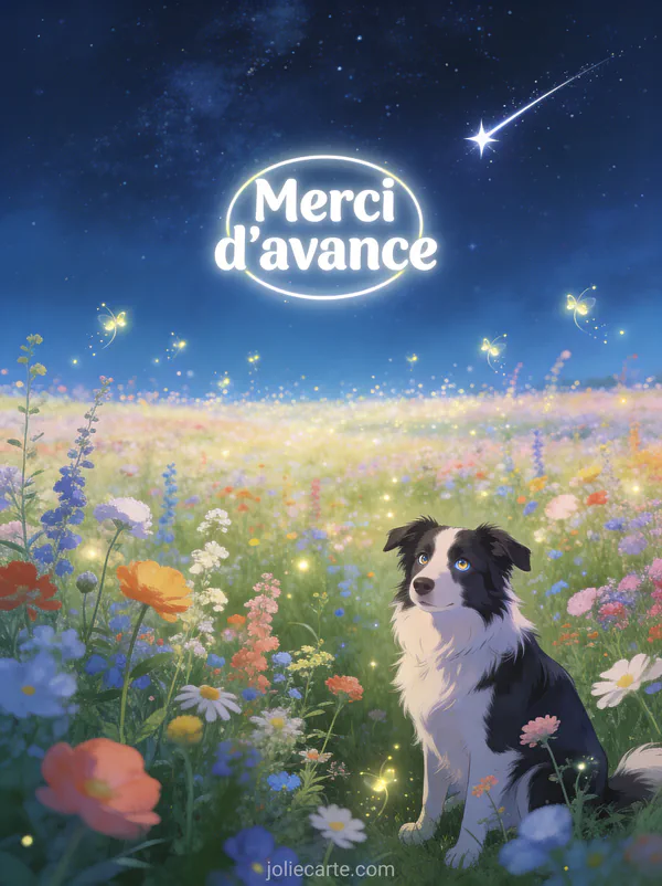 Champ de fleurs sauvages multicolores sous un ciel étoilé avec un border collie assis et le texte Merci d'avance