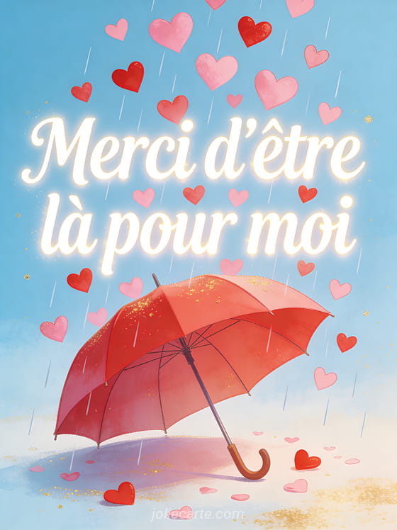 Parapluie rouge ouvert sous une pluie de coeurs roses et rouges sur fond bleu clair avec touches dorées