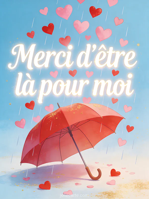 Parapluie rouge ouvert sous une pluie de coeurs roses et rouges sur fond bleu clair avec touches dorées