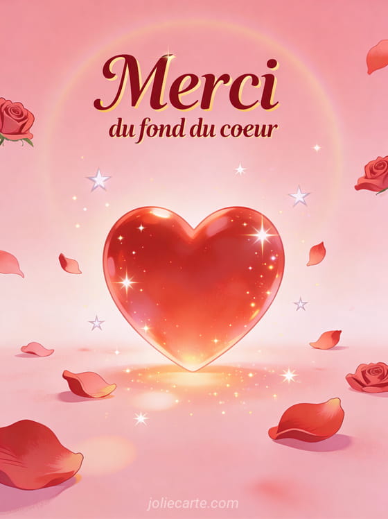 Grand coeur rouge lumineux entouré de petites étoiles scintillantes et pétales de rose volants sur fond rose doux