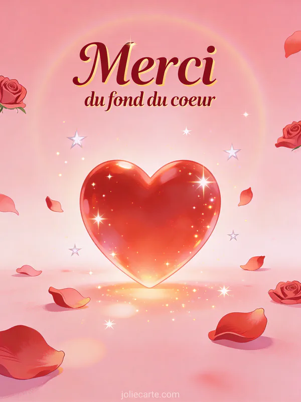 Grand coeur rouge lumineux entouré de petites étoiles scintillantes et pétales de rose volants sur fond rose doux