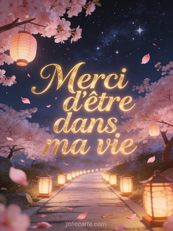 Sentier illuminé par des lanternes sous un ciel étoilé avec cerisiers en fleurs et pétales roses volant dans l'air