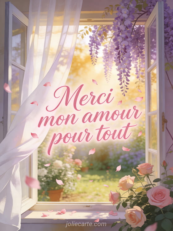 Fenêtre ouverte sur un jardin fleuri de glycines mauves et roses avec rideaux en voile blanc et lumière matinale dorée