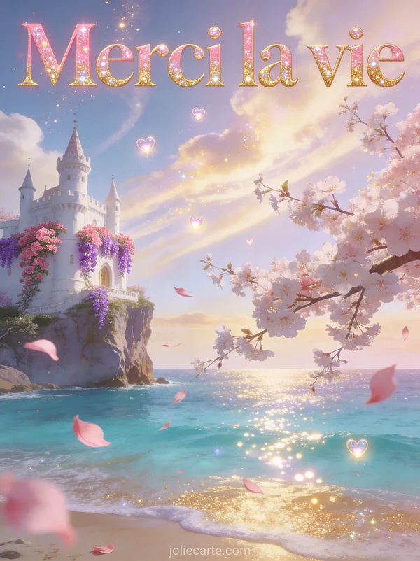 Château blanc avec bougainvilliers sur une falaise surplombant un océan turquoise avec cerisier en fleurs et le texte Merci la vie