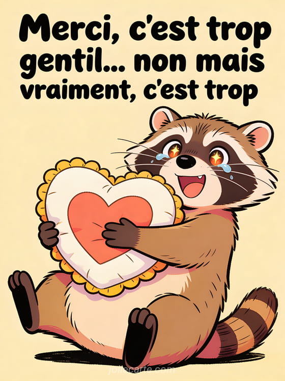 Raton laveur avec expression exagérément émue serrant un coussin en forme de coeur avec des larmes de joie