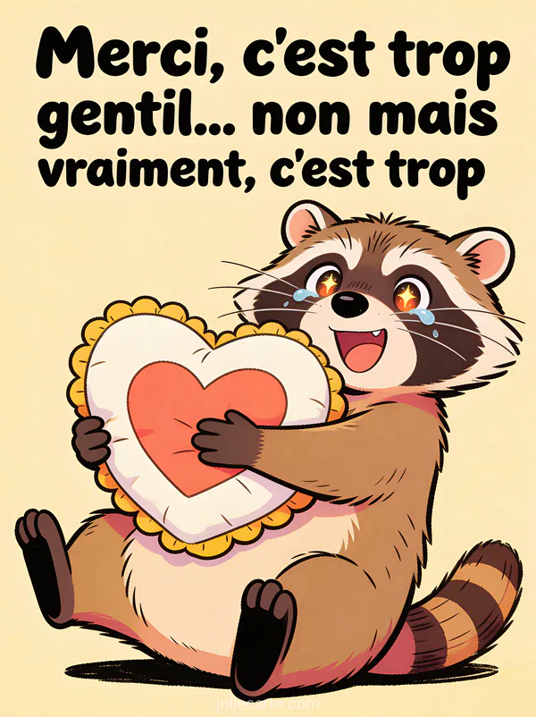 Raton laveur avec expression exagérément émue serrant un coussin en forme de coeur avec des larmes de joie