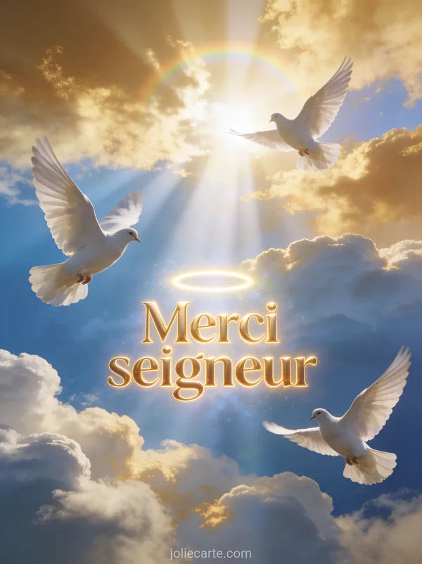 Rayons de soleil traversant des nuages majestueux dans un ciel doré et bleu avec colombes blanches et le texte Merci seigneur